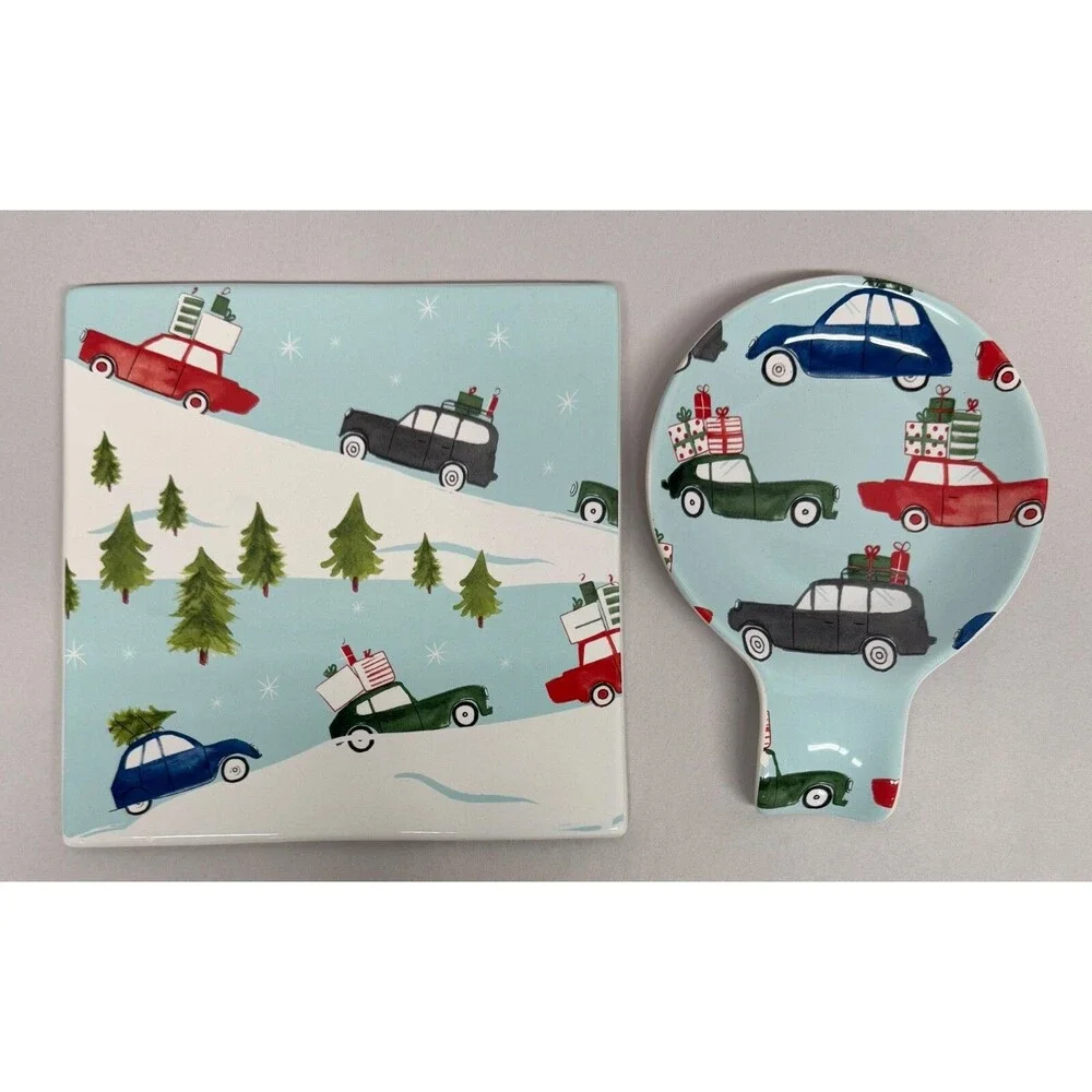 Crate and Barrel Christmas Kitchen Retro Cars Christmas Trees Trivet Spoon Rest